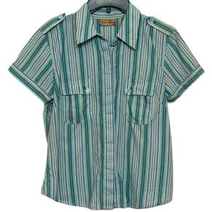 🌞 i. e. Relaxed short sleeve blue green stripes button up shirt pockets women M